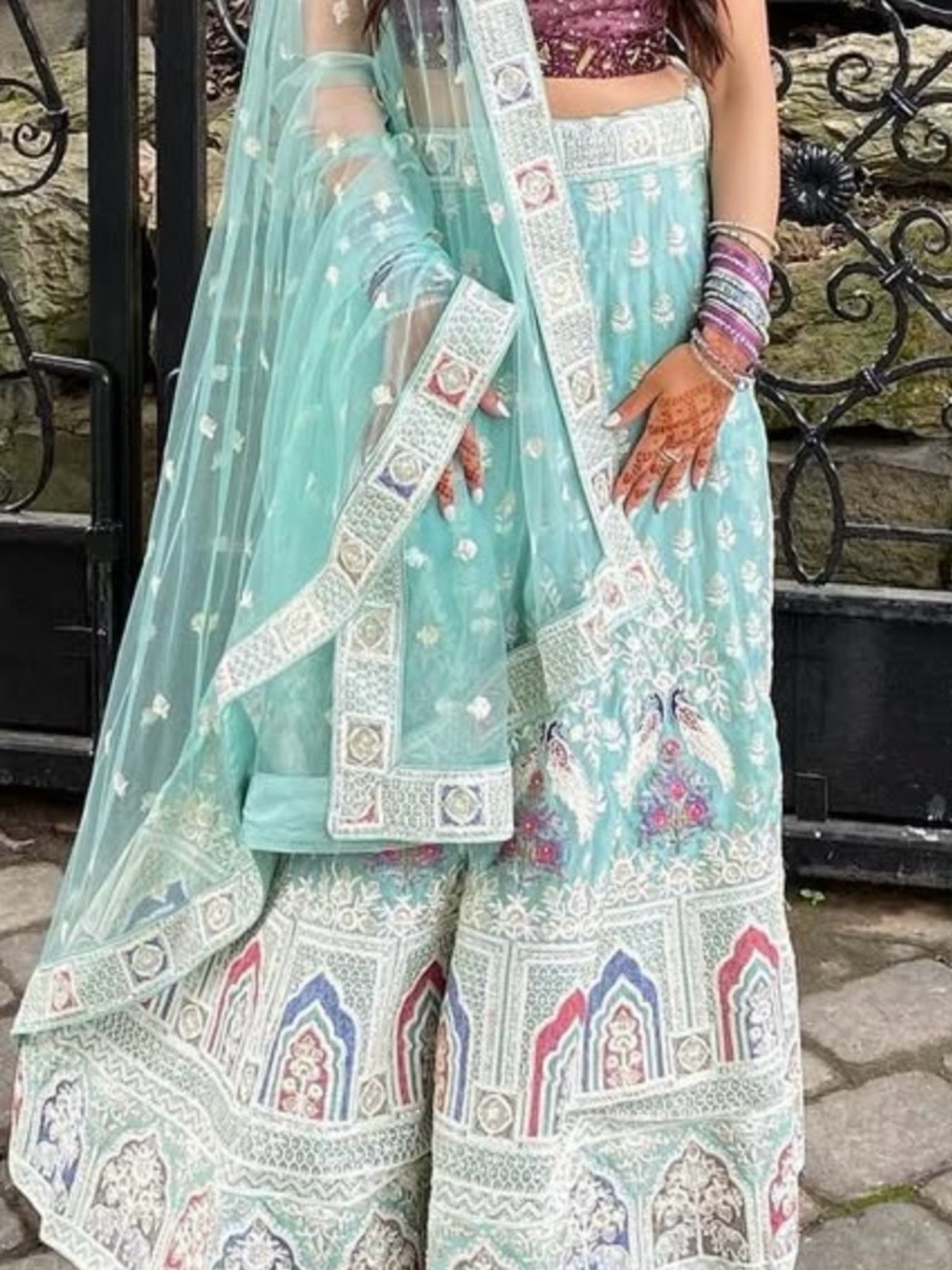 Embroidered Pastel Indian lengha with Multicolor Accents, peacock embroidery